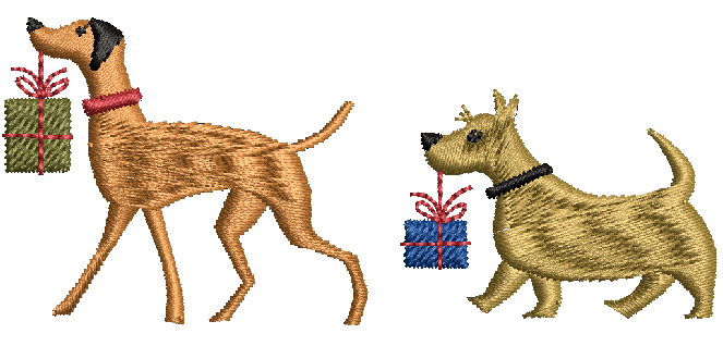 Stickdatei 2 Hunde mit Geschenk im Maul - sofortiger Download
