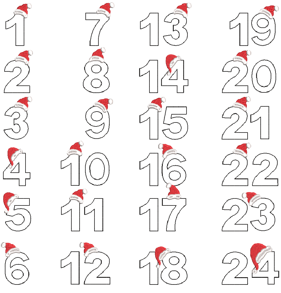 Bundel mit 24 Stickdateien "Adventskalender Zipfelmütze 2" Doodle Appli - sofortiger Download